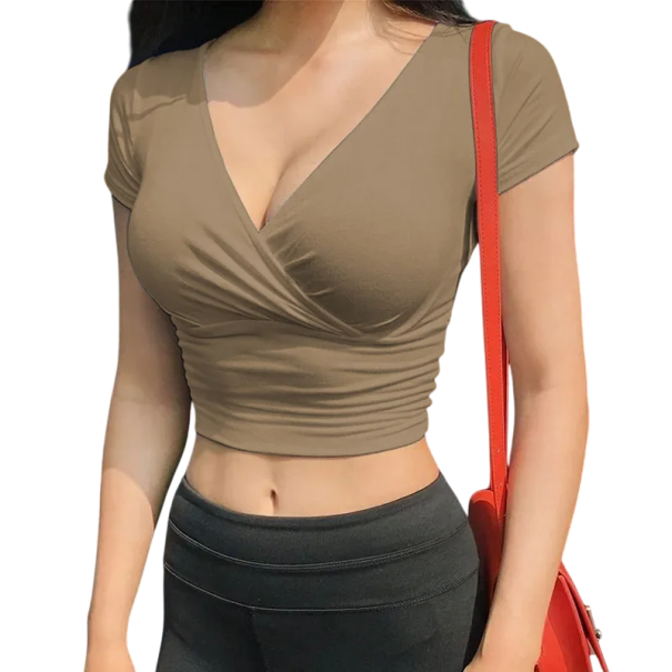 Dámské crop tričko s výstřihem do V Krátký přiléhavý top Elegantní tričko s krátkým rukávem pro volný čas Fitness Letní oblečení hnědá XS
