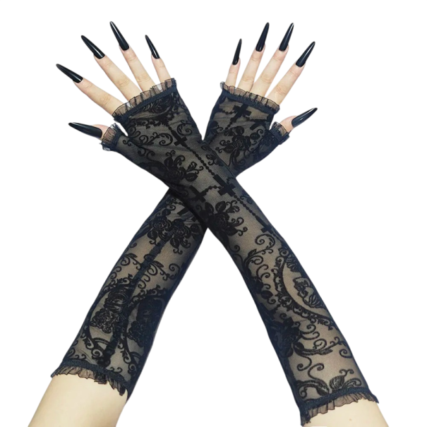 Dámské dlouhé krajkové rukavice bez prstů prodyšné 40 cm elastan polyester černé elegantní rukavice na ruku pro společenské nošení 1