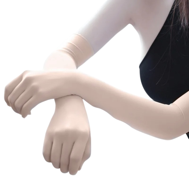 Dámské dlouhé rukavice tenké průhledné bezešvé elastické polyester elastan prodyšné módní doplněk na společenské nošení béžova