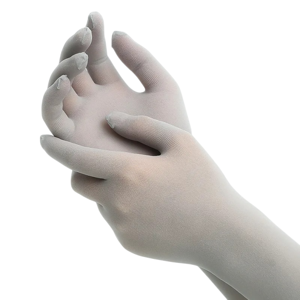 Dámské dlouhé rukavice tenké průhledné bezešvé elastické polyester elastan prodyšné módní doplněk na společenské nošení šedá