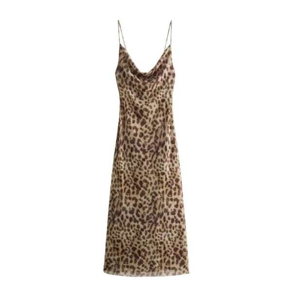 Dámské dlouhé šaty s leopardím potiskem Přiléhavý střih Sexy šaty na úzká ramínka Elegantní zvířecí vzor Párty večerní móda S