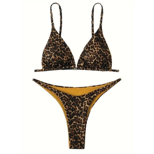 Dámske dvojdielne bikiny s leopardím vzorom Trojuholníkový top s nastaviteľnými ramienkami a tangá nohavičky Plavky na leto žltá S