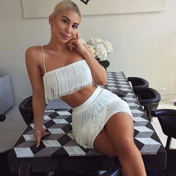 Dámske dvojdielne šaty so strapcami biela XL