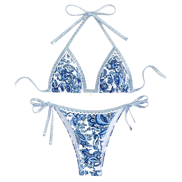 Dámské dvoudílné bikiny s květinovým vzorem Trojúhelníkový top a kalhotky na zavazování Elegantní letní plavky na pláž i dovolenou modrá S