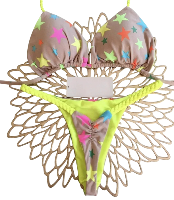 Dámské dvoudílné bikiny se vzorem Trojúhelníková podprsenka Tanga G-string kalhotky Pletené šňůrky Sexy plavky na léto a opalování žlutá S