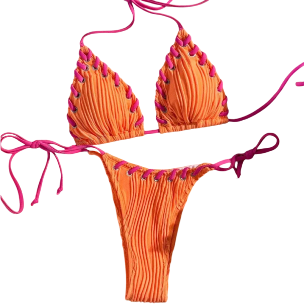 Dámské dvoudílné bikiny Trojúhelníková podprsenka Tanga kalhotky Zavazování na šňůrky Dekorativní šněrování Letní plavky na pláž oranžová L
