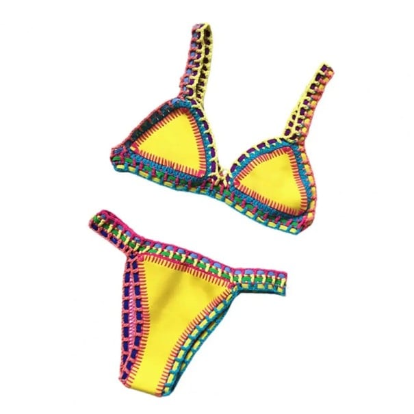 Dámské dvoudílné háčkované bikiny Trojúhelníková podprsenka Brazilky Ručně šité obšití Letní plavky na pláž a koupání styl boho žlutá M
