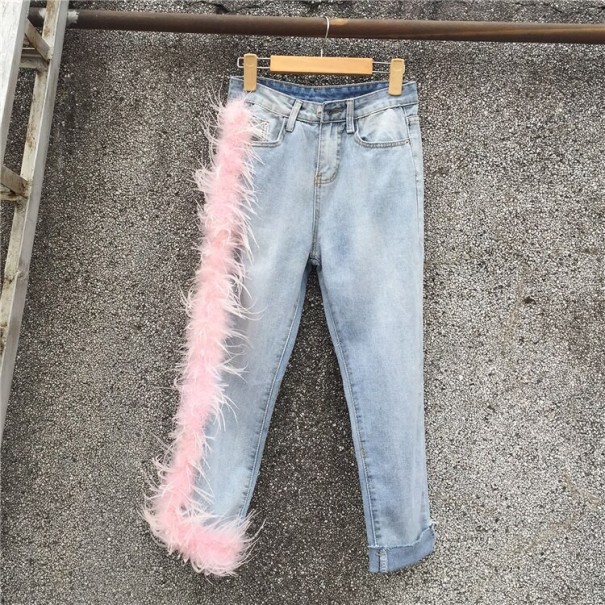 Dámske džínsy s ružovými strapcami M 2
