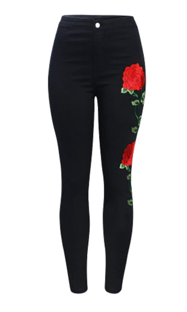 Dámske džínsy s vysokým pásom a kvetinami - Čierne M