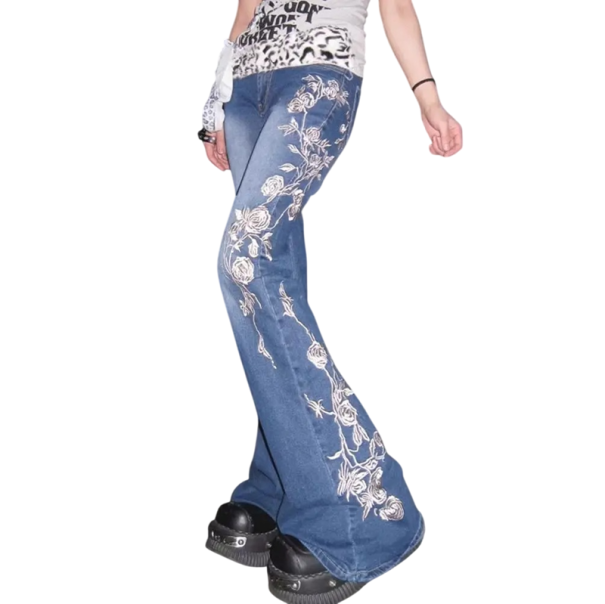 Dámské džíny modré Jednobarevné Květinové motivy na nohavici Kapsy 100% Bavlna Stylové ležérní kalhoty Moderní outfit L