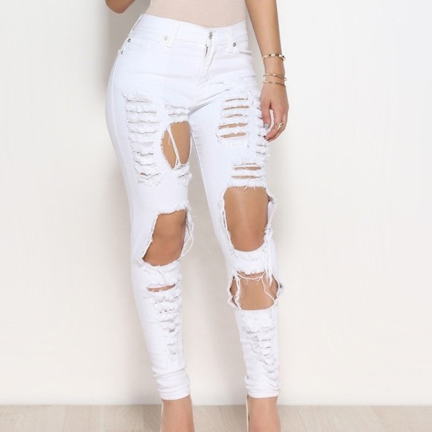 Dámské džíny s dírami D1 bílá XL