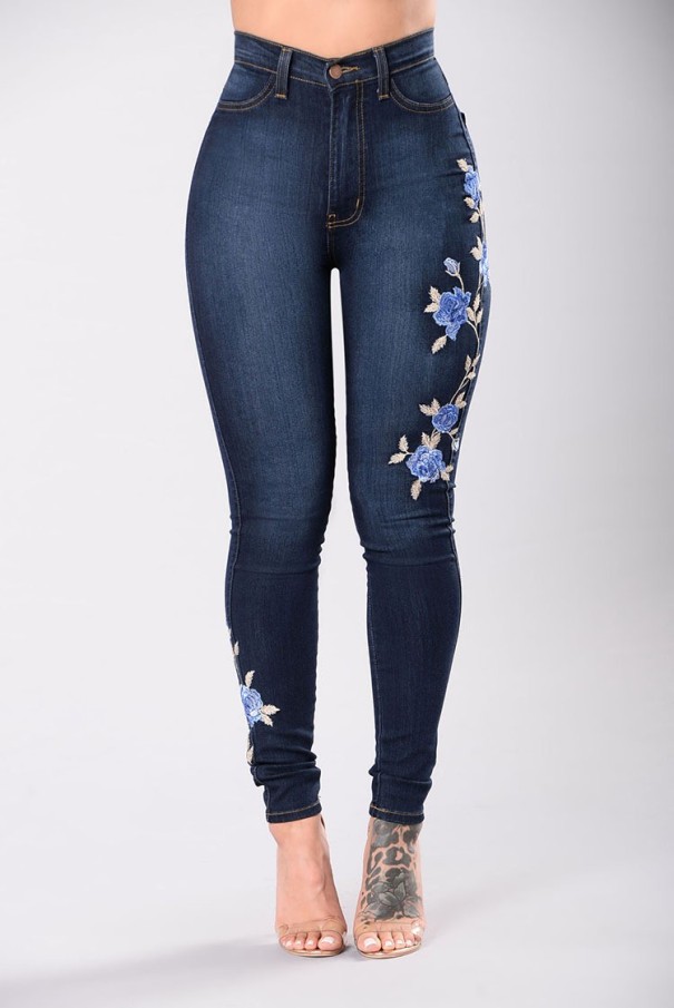 Dámské džíny s květinami XXL