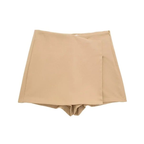 Dámske elegantné asymetrické kraťasy s efektom sukne Štýlová kraťasová sukňa pre každodenné aj spoločenské nosenie Asymetrický módny strih khaki XS