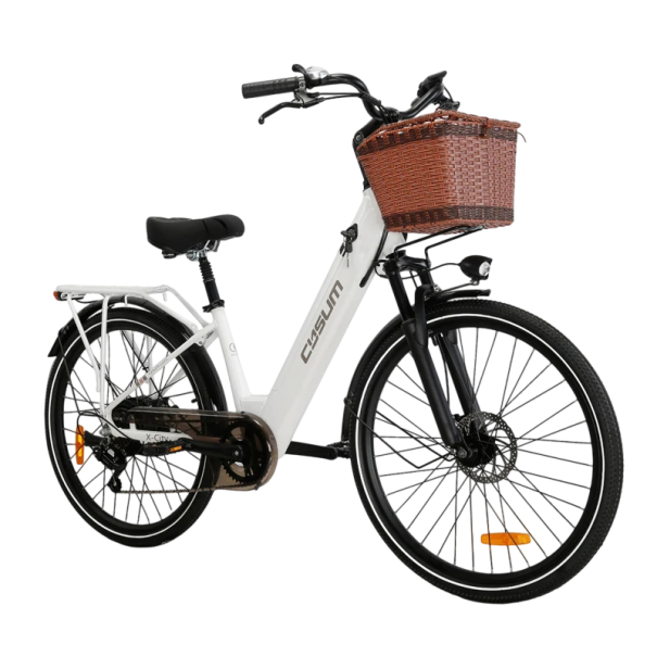 Dámské elektrokolo s předním košíkem Motor 250 W Baterie 48 V 10,4 Ah Dojezd 100 km Kotoučové brzdy 7 rychlostí Nosnost 120 kg Do města bílá