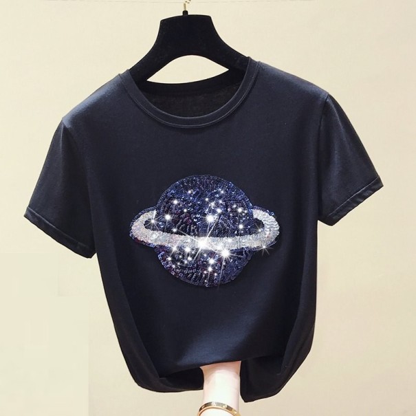 Dámske flitrové tričko s planétou čierna S