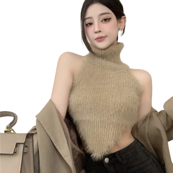 Dámské háčkované tílko Crop Top s kožíškem Rolák Stylové zimní tílko pletený vzhled polyester bavlna béžova XL
