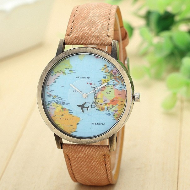 Dámské hodinky s mapou světa J3114 kávová