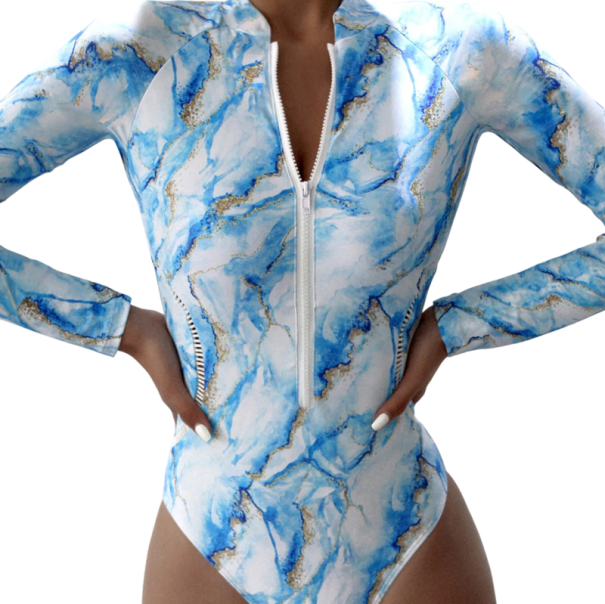 Dámské jednodílné plavky Dlouhý rukáv Výstřih do V na zip Polyester Spandex Elastické sportovní plavky k moři i bazénu modrá S