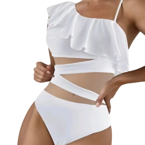 Dámské jednodílné plavky Jednobarevné Poloprůhledné Volánky Výstřih do O Polyester Spandex Elegantní plavky na léto bílá XL