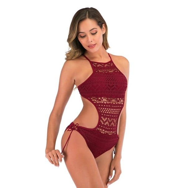 Dámské jednodílné plavky Tenká ramínka Výstřih do O Jednobarevná Háčkovaná Polyester Spandex Elegantní letní plážové plavky vínová M