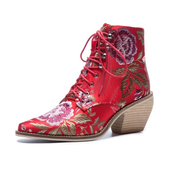 Dámské kotníkové boty s květinami J817 červená 40