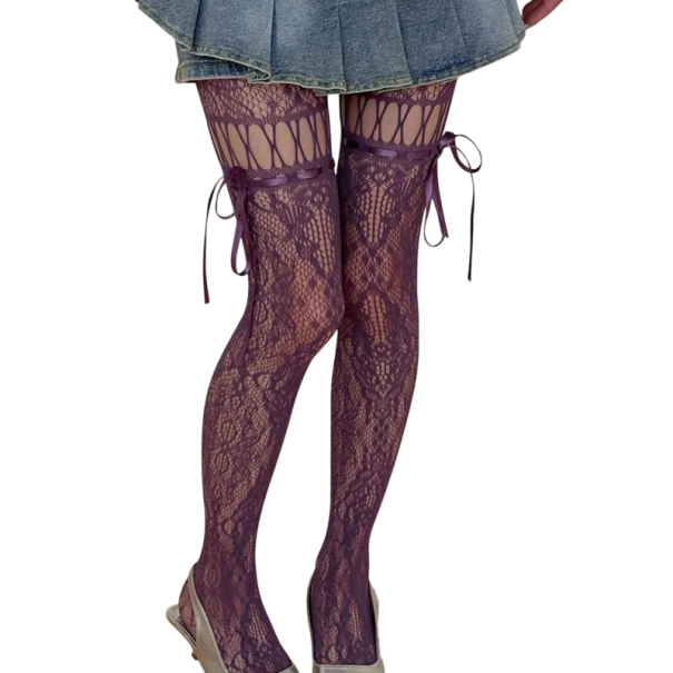 Dámské krajkové punčocháče s mašlí a květinovým vzorem, síťované sexy punčochy pro noční klub, cosplay a párty styl Y2K JK fialová