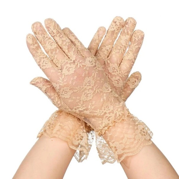 Dámské krajkové rukavice celoprsté krátké s řasením prodyšné polyester společenské rukavice na slavnostní a formální příležitosti béžova