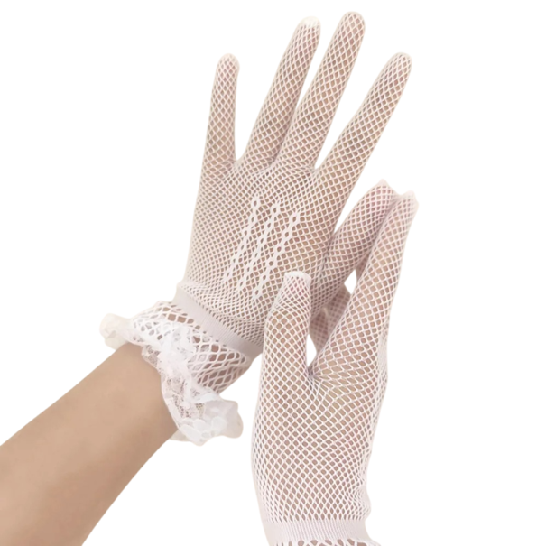 Dámske krajkové rukavice celoprstové priedušné 24×8 cm akryl čierne sieťované elegantné rukavice na ruku pre spoločenské nosenie biela