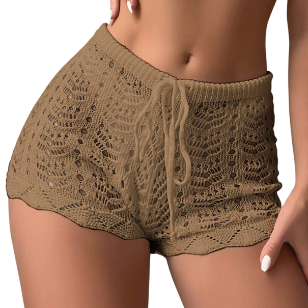 Dámské kraťasy Vysoký pas Tkanička Háčkované Proděravěné Jednobarevné Polyester Letní plážové volné šortky béžova M