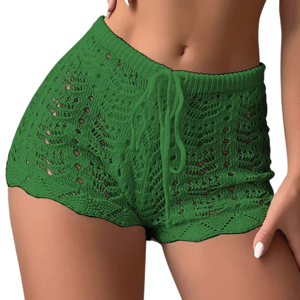 Dámské kraťasy Vysoký pas Tkanička Háčkované Proděravěné Jednobarevné Polyester Letní plážové volné šortky zelená S