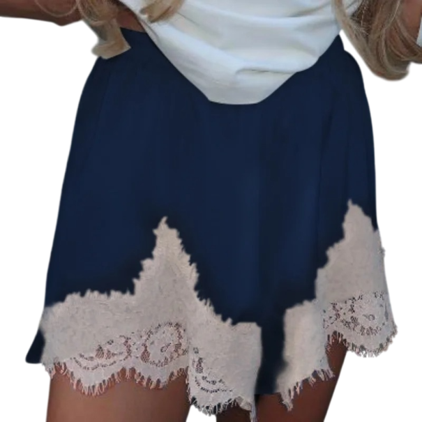 Dámské kraťasy Vysoký pas Volný střih Jednobarevné Krajka Bavlna Polyester Pohodlné letní šortky s krajkovým zdobením tmavě modrá L