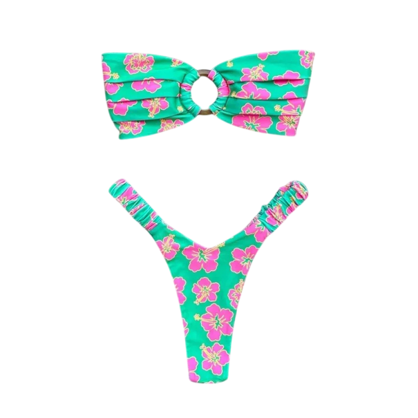 Dámske kvetinové bikiny s kruhovým spojom a naberanými ramienkami Sexy dvojdielne plavky s potlačou Kvetinový letný plážový komplet zelená M