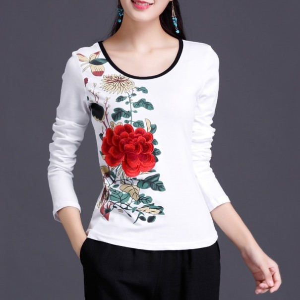 Dámske kvetované tričko s dlhým rukávom biela S