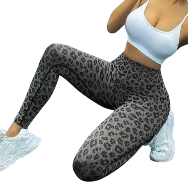 Dámske leopardie strečové legíny do posilňovne s vysokým V-pasom Tvarujúce športové legíny Elastické fitness nohavice so zvieracím vzorom čierna M
