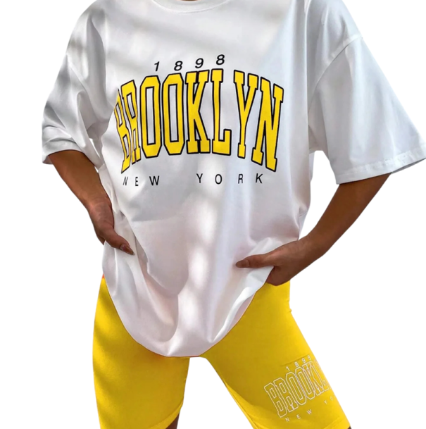 Dámske letné pyžamo s krátkym rukávom a šortkami Jednobarevný komplet s nápisom Brooklyn z polyesteru a spandexu v rôznych farbách žltá L