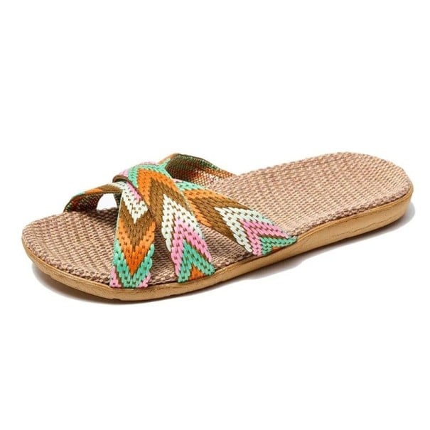 Dámské letní pantofle v boho stylu s barevnými tkanými pásy Komfortní rovná podrážka Lehká obuv na doma i venek Elegantní etno vzhled oranžová 37-38