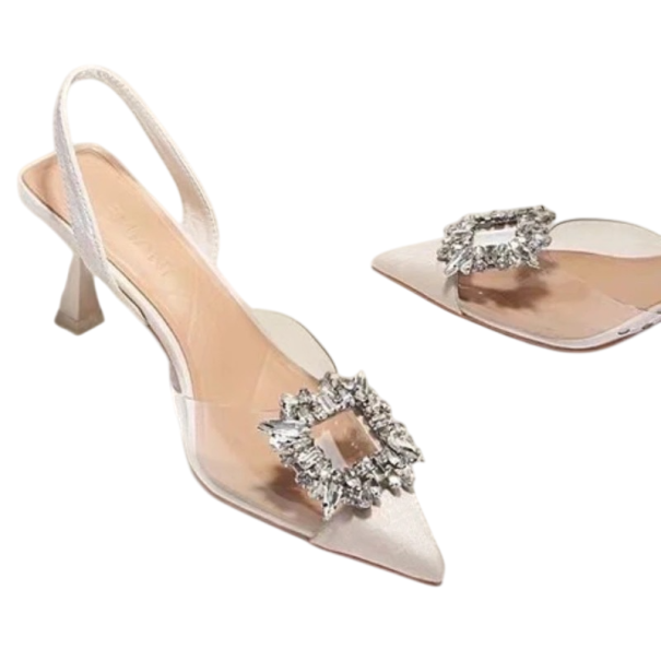 Dámské lodičky slingback Ozdobná spona s kamínky Průhledný pásek Špičatá špička Jehlový podpatek PU PVC a pryž Na svatbu i párty bílá 36