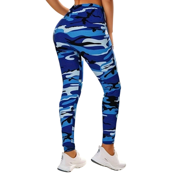 Dámské maskáčové elastické legíny Slim fit Kalhoty na cvičení Těsné přiléhavé sportovní legíny s vysokým pasem a maskáčovým vzorem modrá XS