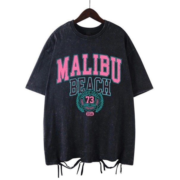 Dámské oversized tričko MALIBU BEACH s vintage potiskem a ozdobným vázáním Streetwear top Ležérní letní móda Stylový volnočasový oděv černá S