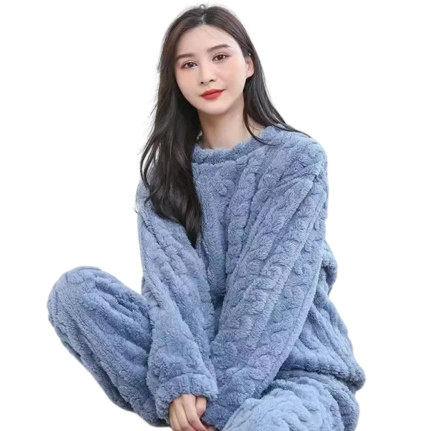 Dámské plyšové pyžamo souprava dlouhý rukáv a dlouhé kalhoty hřejivý materiál univerzální velikost polyester a elastan na spaní i doma modrá