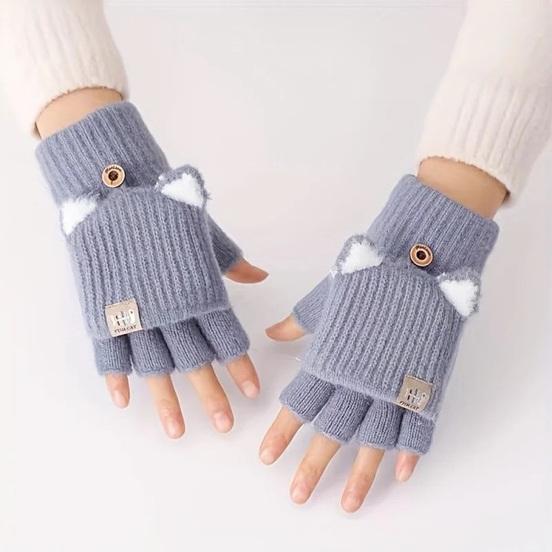 Dámské překlápěcí rukavice Bez prstů Kočičí ouška Pletené Měkký polyester Teplé zimní palčáky S knoflíkem tmavě modrá