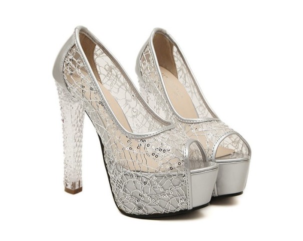 Dámske priehľadné lodičky na platforme J1756 strieborná 36