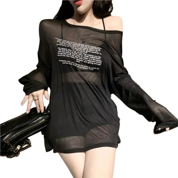 Dámske priesvitné tričko s dlhým rukávom Voľný strih Off-shoulder štýl Módny streetwear top s nápisom na hrudi Sexy outfit na leto čierna M