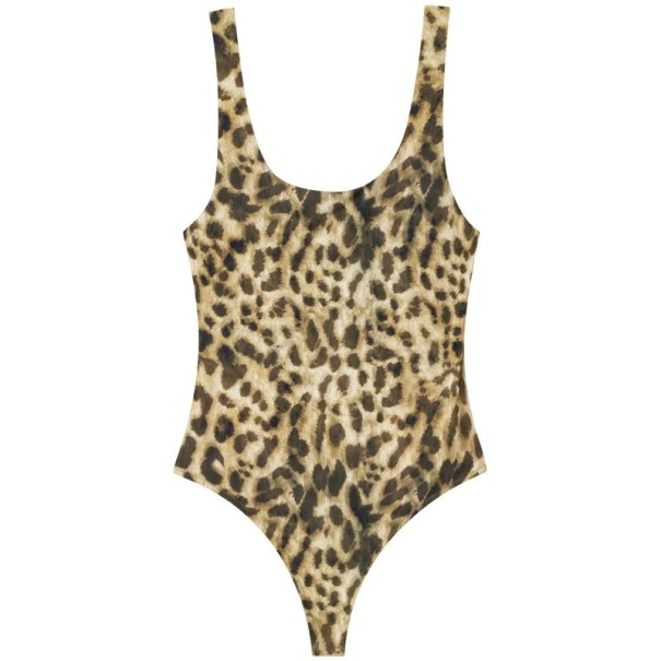 Dámské přiléhavé body na širší ramínka s hlubokým kulatým výstřihem a vysoce vykrojenými nohavičkami z pružného materiálu leopardí L