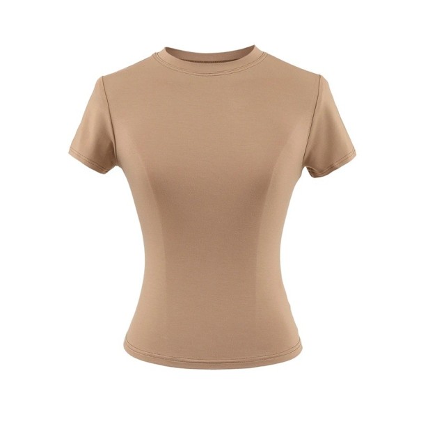 Dámske priliehavé tričko s krátkym rukávom Jednoduchý okrúhly výstrih Elegantný elastický top na bežné nosenie Módny slim fit tričko hnedá S