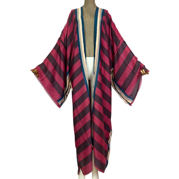 Dámské pruhované kimono s dlouhým volným rukávem plážový přehoz přes plavky na pláž k bazénu na dovolenou i jako letní kabátek růžová