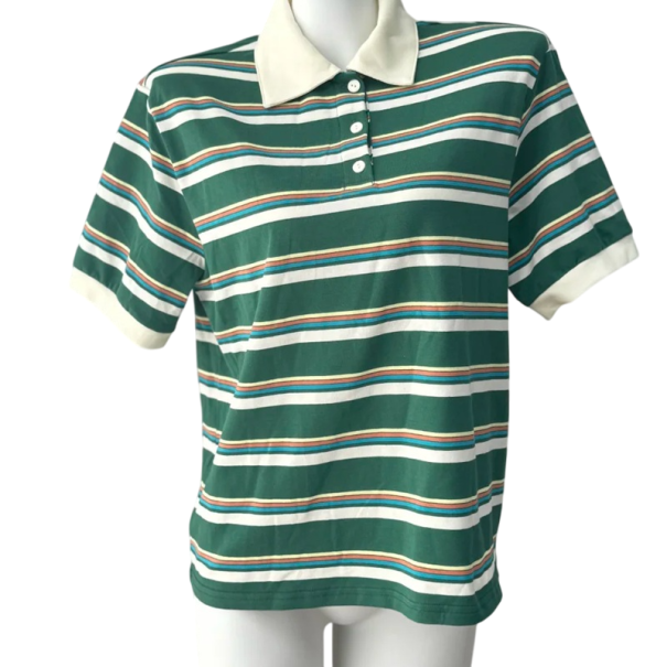 Dámské pruhované tričko s límečkem Elegantní bavlněné polo tričko se zapínáním u krku Volnočasové tričko v retro stylu zelená L