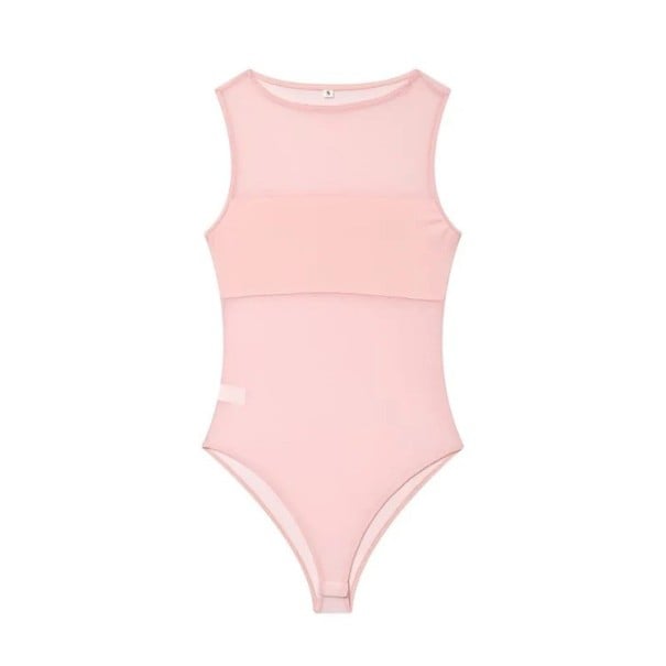 Dámské průsvitné síťované body bez rukávů s kulatým výstřihem a neprůhledným pruhem přes hrudník z pružného přiléhavého materiálu růžová S