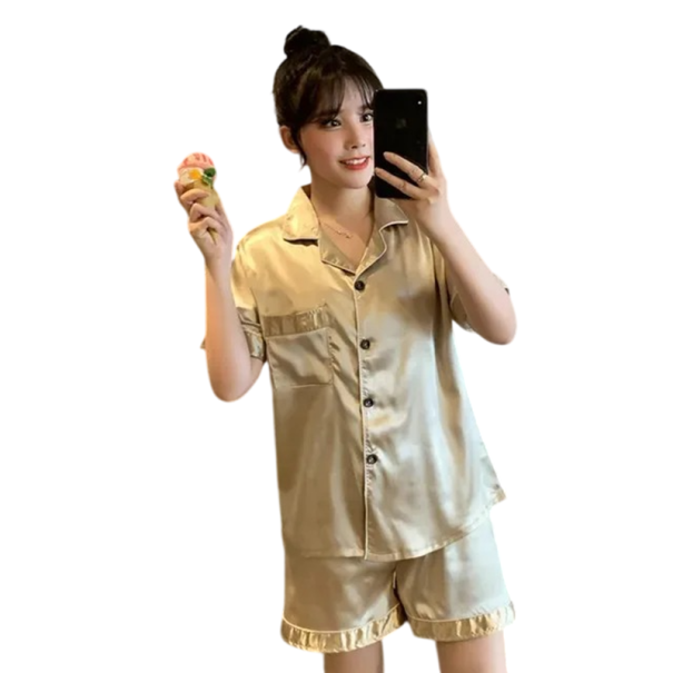 Dámské pyžamo set tričko a kraťasy Zapínání na knoflíky Kapsička Límec Jednobarevné Pohodlný materiál Polyester spandex béžova XXL