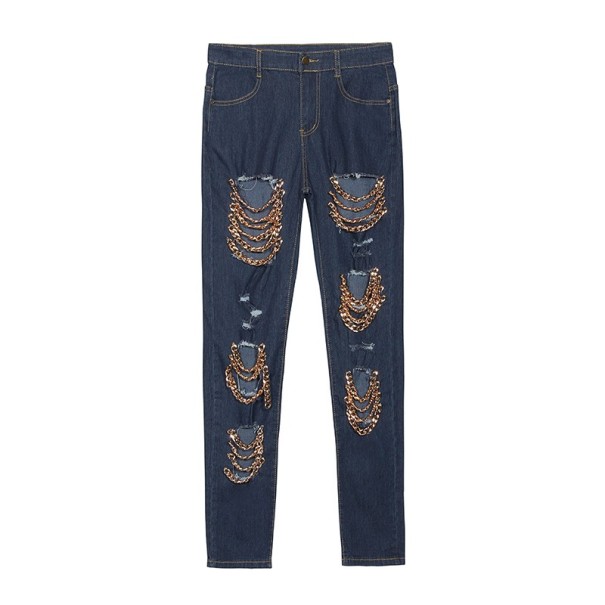 Dámske roztrhané džínsy s reťazami M